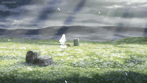 a girl in a white dress stands in a field of flowers with the word animepahe on the bottom