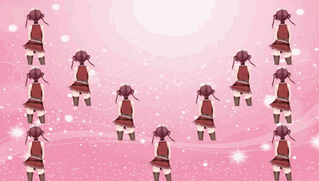 a pink background with a pattern of female anime characters