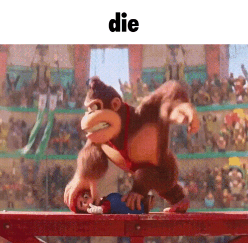 a cartoon monkey is standing on a balance beam with the word die in the corner