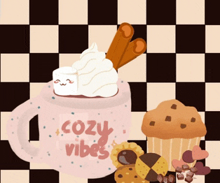 a cup of hot chocolate with whipped cream and cinnamon sticks has the words cozy vibes on it