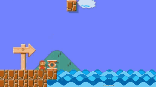 a video game scene with mario flying through the air and a sign pointing to the right