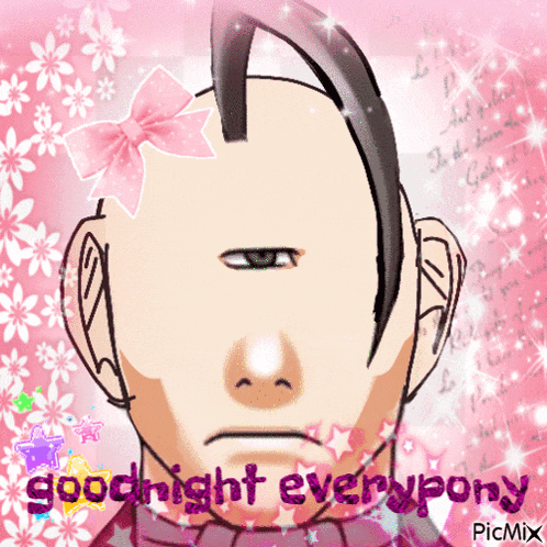 a drawing of a man with a pink bow on his head and the words goodnight everywhere