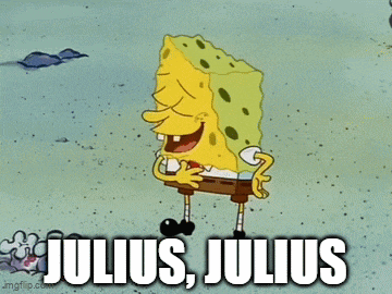 a cartoon of spongebob laughing with julius julius written below him