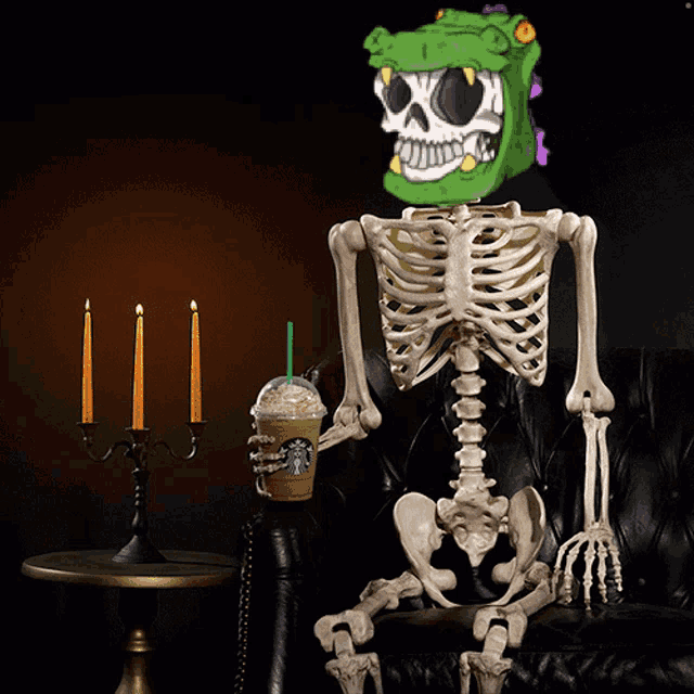 a skeleton is sitting on a couch wearing a green monster head