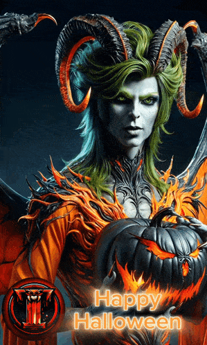 a painting of a demon holding a pumpkin with the words happy halloween written below it