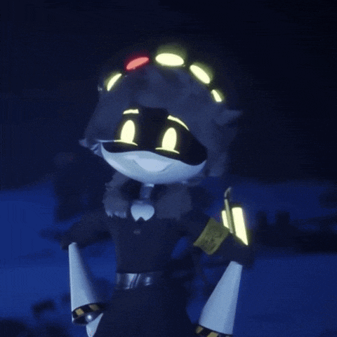 a cartoon character with glowing eyes is wearing a black jacket
