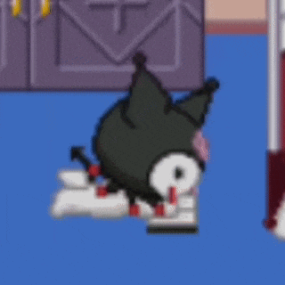 a pixel art drawing of a cat laying on its back on a blue floor .