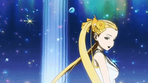 a girl with long blonde hair and a flower in her hair is standing in front of a blue sky .