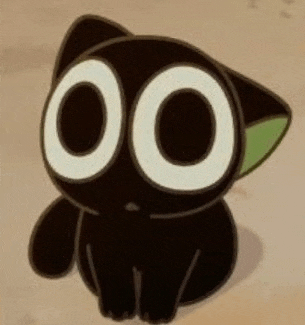a black cat with large white eyes is sitting on the ground .