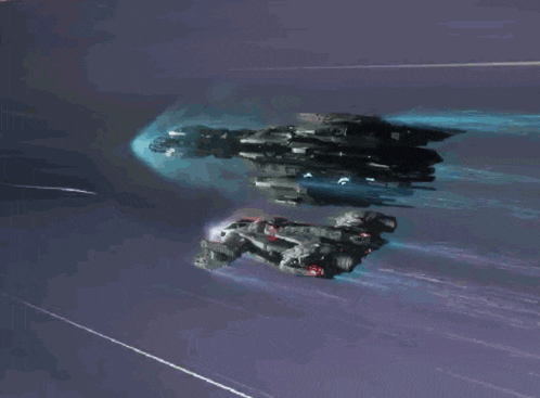 a couple of spaceships flying in a dark space