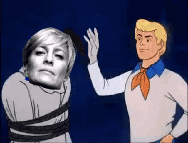 scooby doo is standing next to a woman tied up with black tape