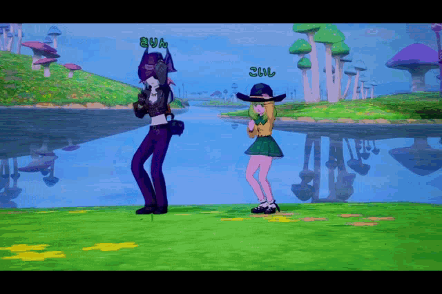 a man and a girl are standing next to each other in a video game and the girl is wearing a green hat