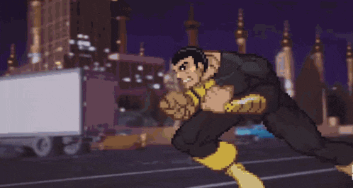 a pixel art drawing of a superhero with a blue light behind him