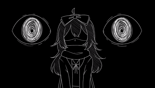 a black and white drawing of a girl with a scarf around her neck and two large eyes .