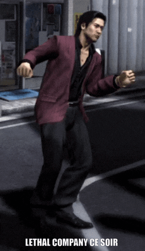a man in a red jacket is dancing with the words lethal company ce soir on the bottom