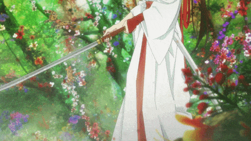 a woman in a white dress holding a sword in front of a butterfly