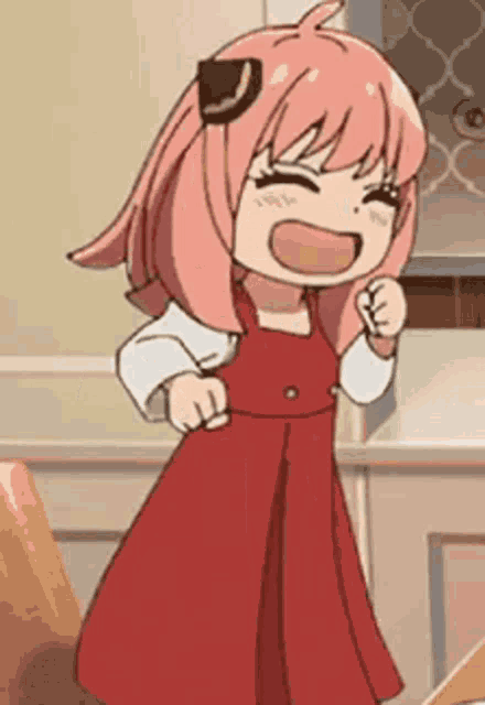 a cartoon girl with pink hair and a red dress is standing in a kitchen and laughing .