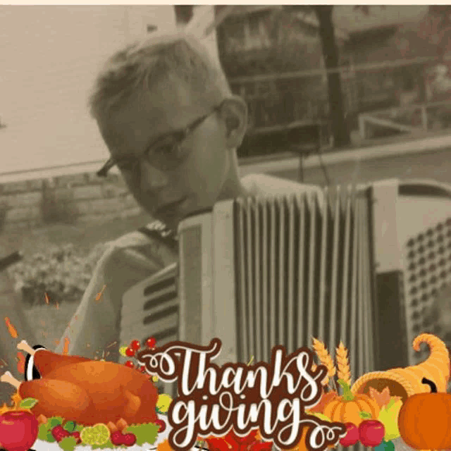 a boy is playing an accordion in a thanksgiving photo frame