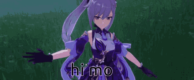a girl with purple hair is holding a purple lightning bolt and says hi mo .
