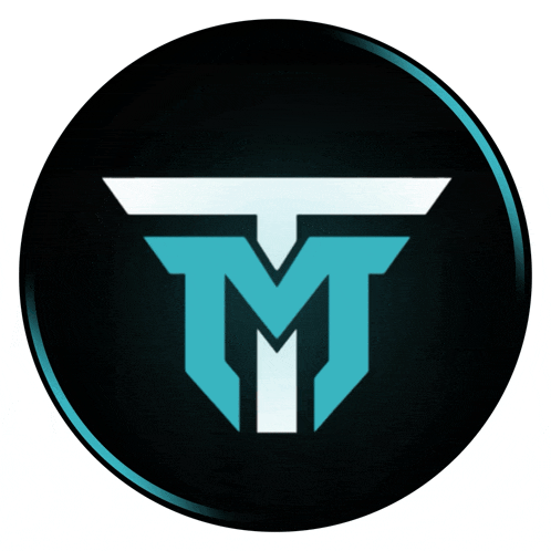 a blue and white logo with the letter m