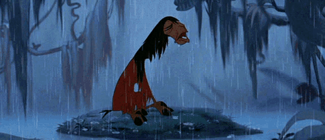 a cartoon character is standing in the rain with a long neck