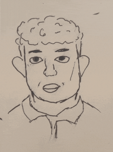 a black and white drawing of a man 's face with the letter g on his head