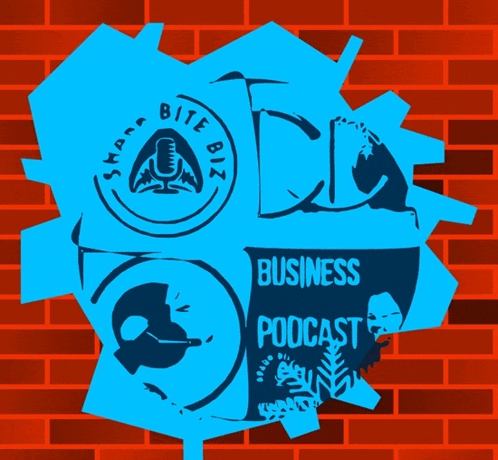 a brick wall with a blue circle that says bite biz