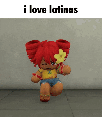 a stuffed doll with red hair and a flower in her hair is dancing and says i love latinas