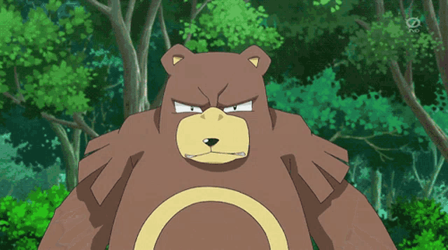 a cartoon bear is standing in a forest with trees in the background and the letters tv on the bottom left