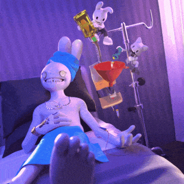a cartoon bunny is laying in a hospital bed with an iv drip attached to it