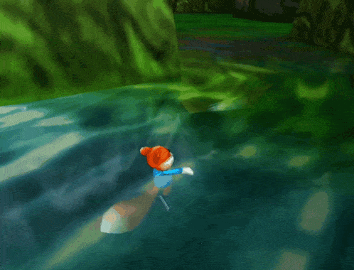 a video game character is swimming in the water near a waterfall