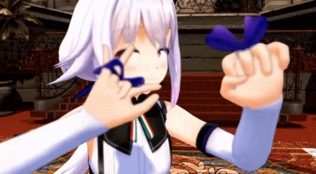 a girl with white hair is holding a purple ribbon