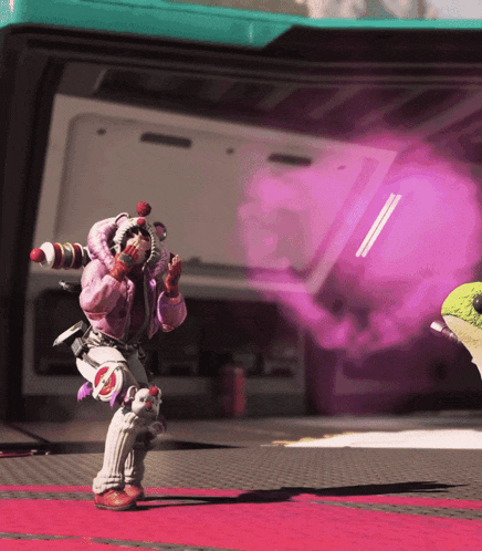 a person in a pink and white outfit is holding a pink object