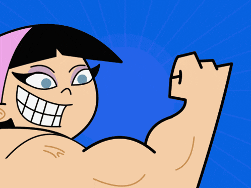 a cartoon character is flexing her muscles and has a letter h on her fist