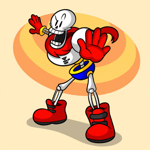 a cartoon drawing of a skeleton wearing red boots making a stop sign