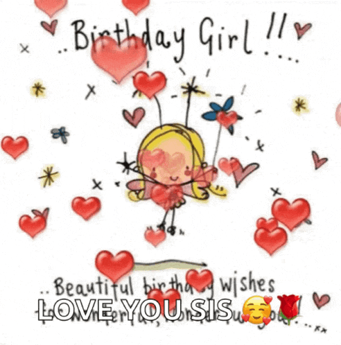 a birthday card for a girl with a fairy on a swing surrounded by hearts .