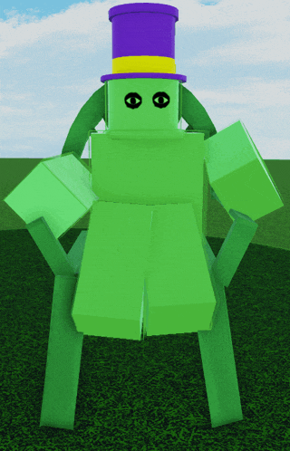 a green robot wearing a purple top hat and yellow pants