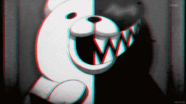 a black and white teddy bear with sharp teeth is displayed in red and blue