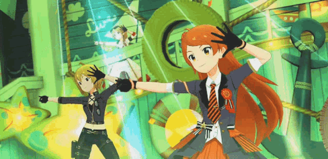 a girl with red hair is standing next to a girl with blonde hair