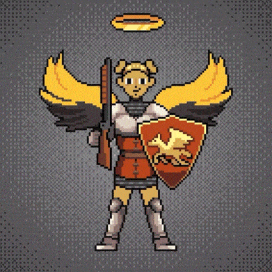 a pixel art illustration of an angel holding a gun and shield