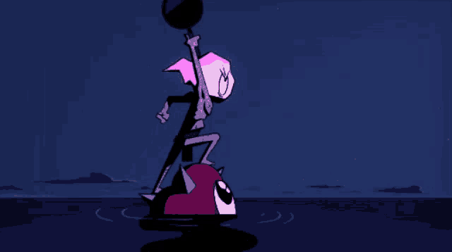 a cartoon character is riding a motorcycle and holding a large object