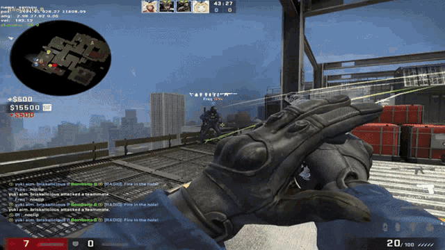 a screenshot of a video game with a glove in the foreground and the time of 43:27