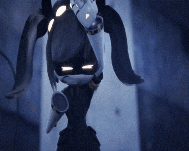 a robot with a triangle on its head is standing in a dark room