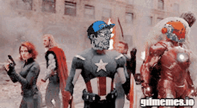 a group of superheros are standing in front of a building with gifmemes.io written on the bottom