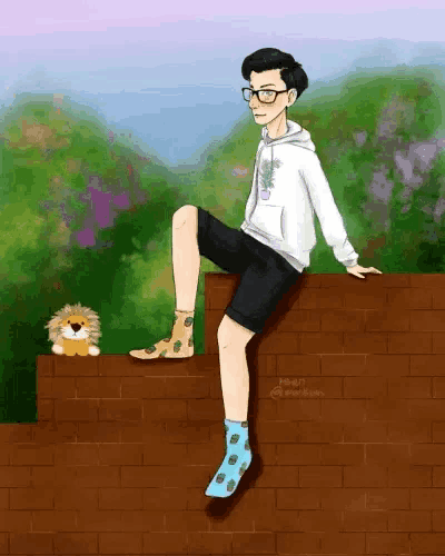 a drawing of a person sitting on a wall with a stuffed lion behind them