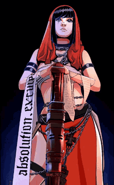 a pixel art drawing of a woman holding a banner that says absoluteton except