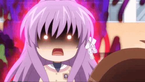 a girl with purple hair is making a face