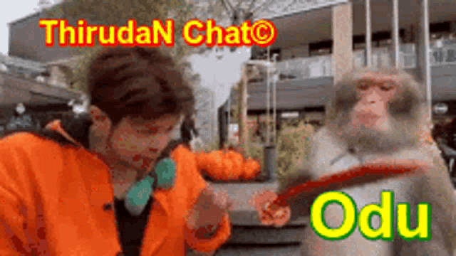 a man in an orange jacket is standing next to a monkey with a knife in its mouth .