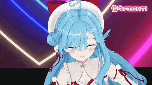 a girl with long blue hair is smiling in front of a sign that says " fight "