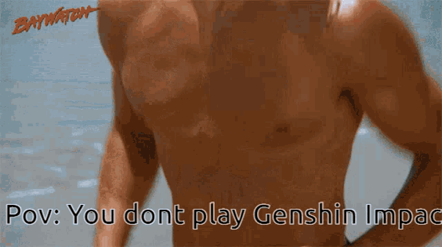 a man without a shirt is on a beach with the words pov you dont play genshin impac